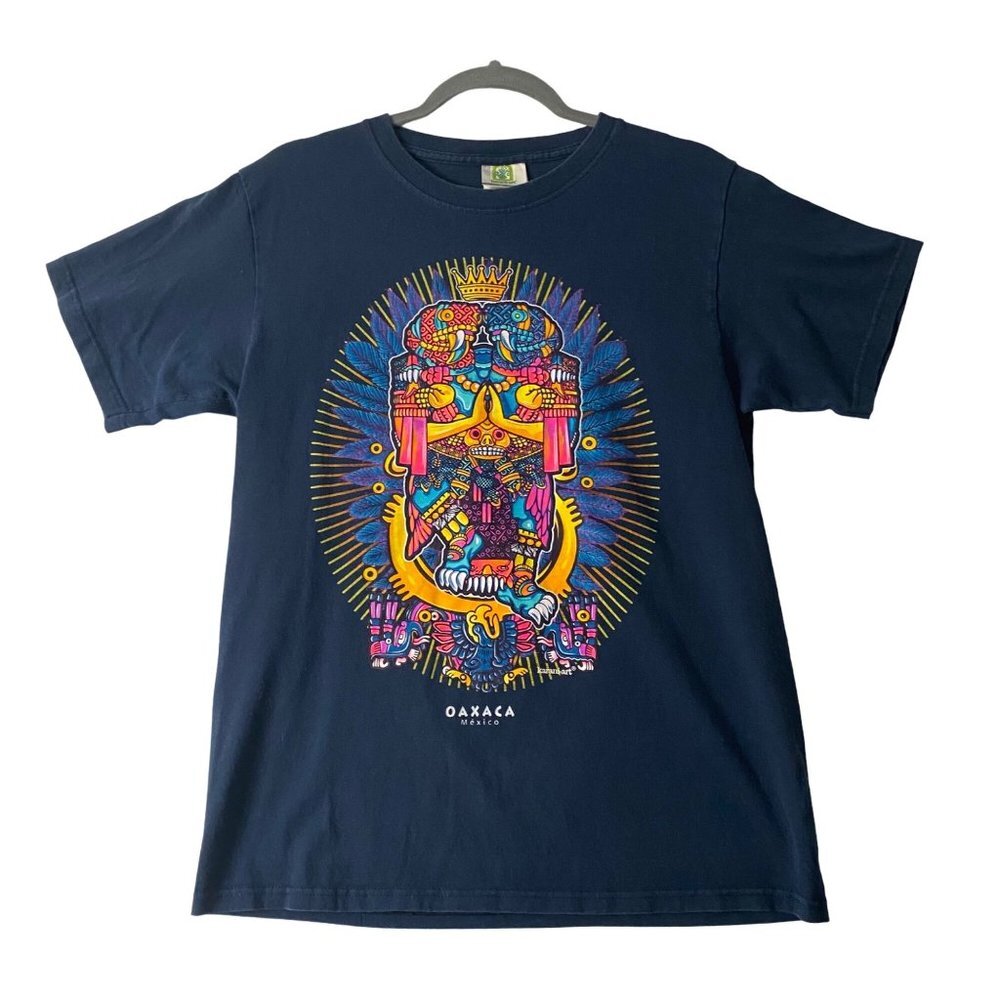 Karani Art Graphic Tee T-ShirtWomen Medium Navy Blue Oaxaca Mexico Aztec‎ Snake